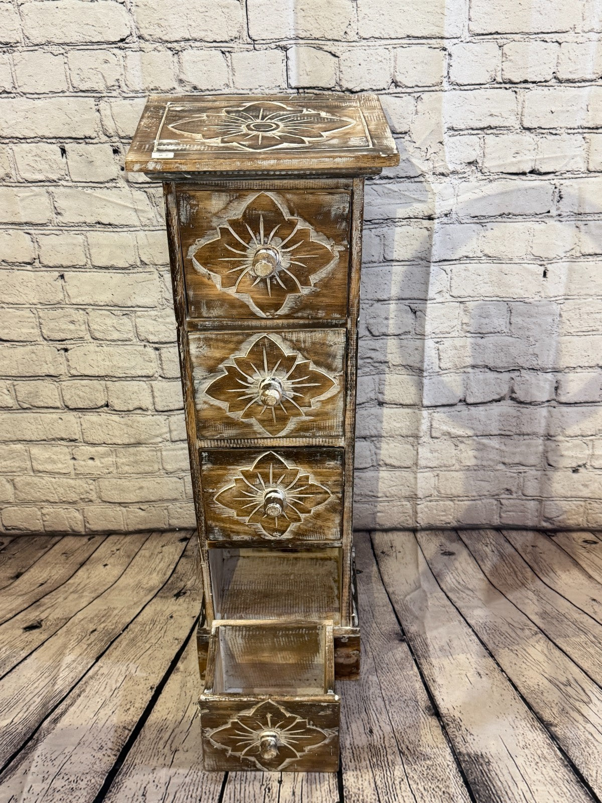 80cm x 25cm Brown 4 Draw Pillar Wooden Side Cabinet Living Storage Furniture5