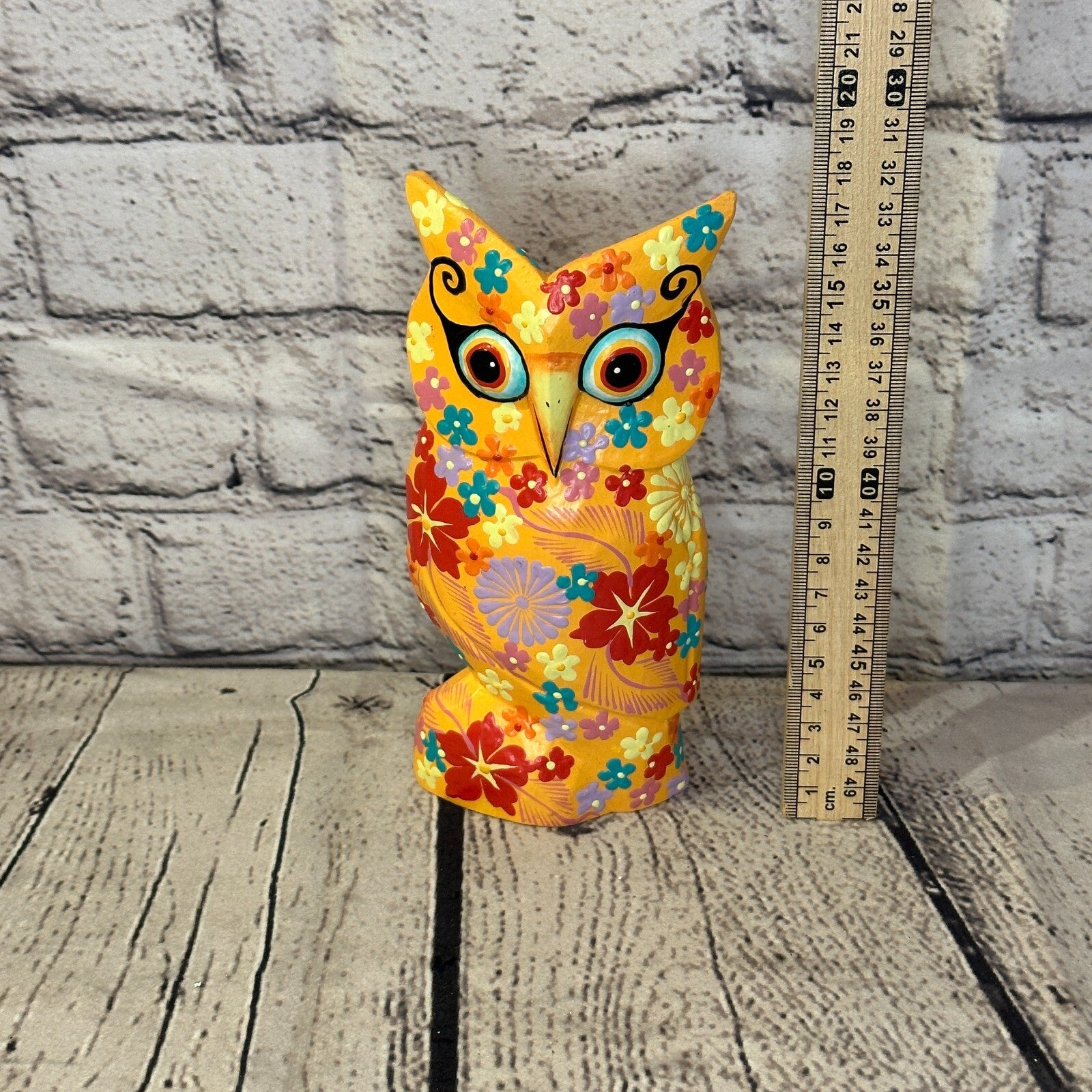 Orange Medium Wooden Owl With Flower Pattern 15cm x 8cm Handmade and Fairtrade5