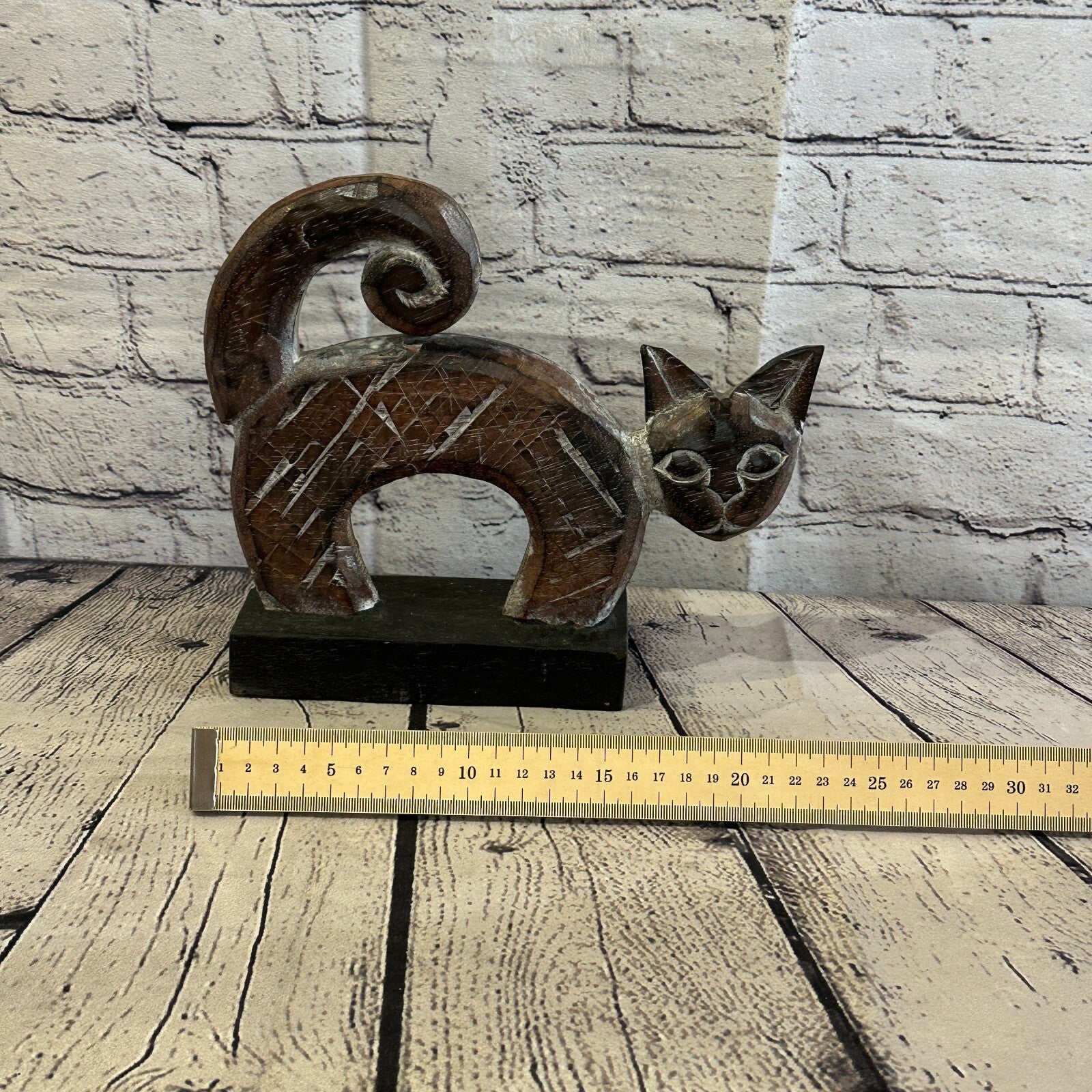 22cm x 20cm  Wooden Tribal Primitive Black Cat Stand Sculpture Statue Art6