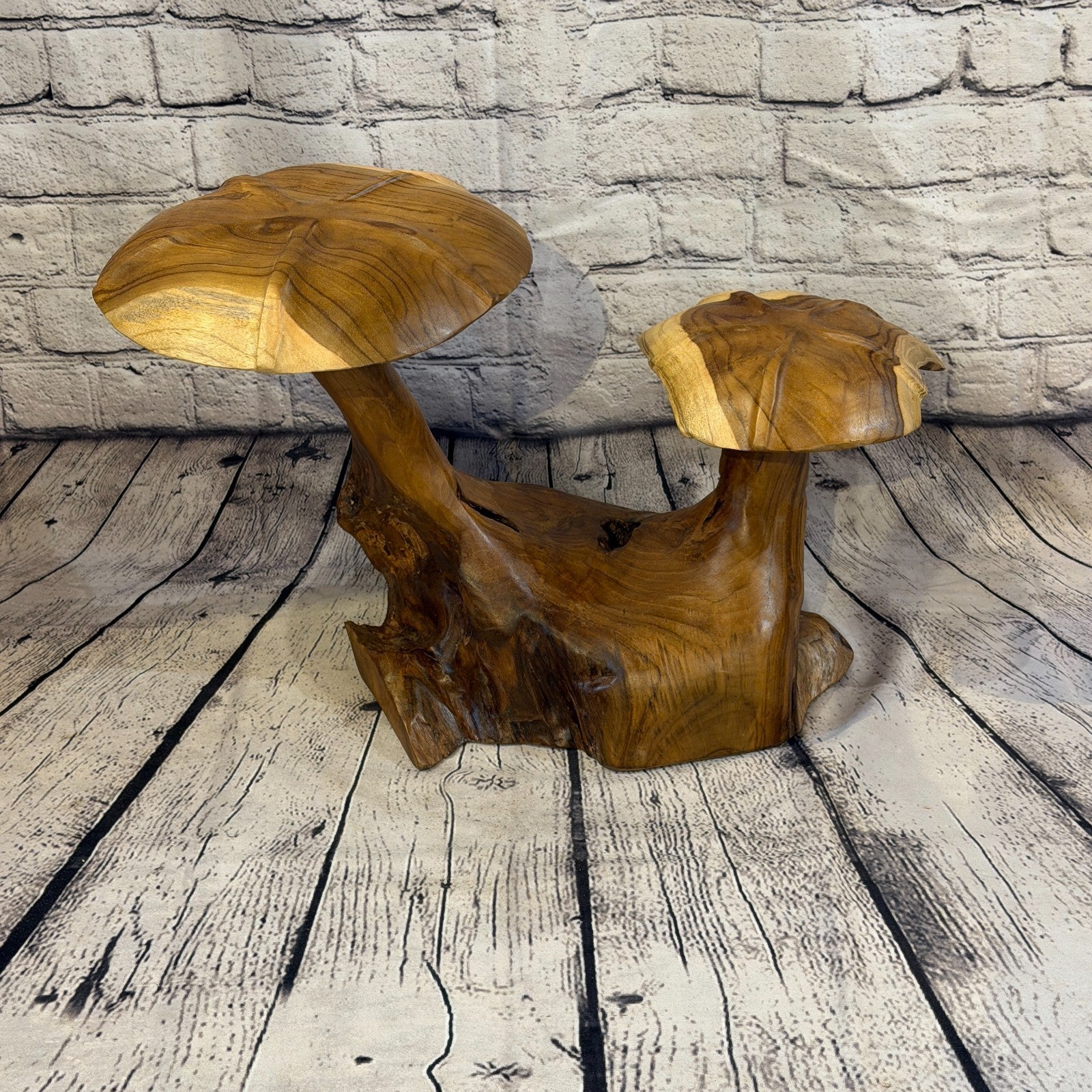 45cm x 35cm Double Wooden Mushroom Toadstool Sculpture Garden Teak Root Ornament4