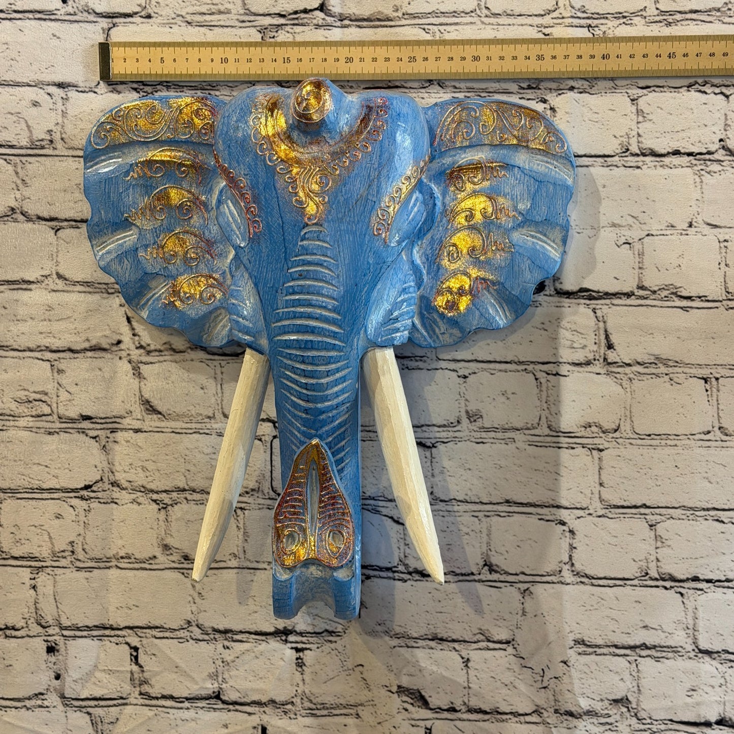 40cm x 40cm Blue Gold Painted Wood Elephant Head Wall Mounted Art Shabby3