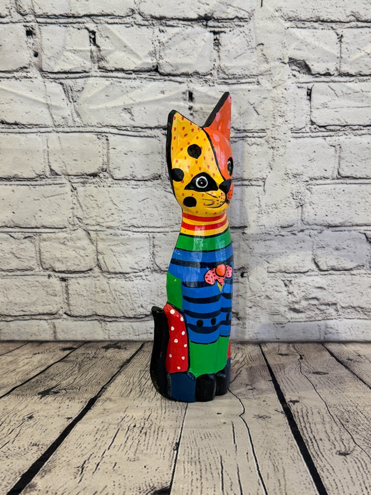 30cm Bright Mix Flower Wooden Shabby Cat Statue Ornament Fair Trade Handcarved2