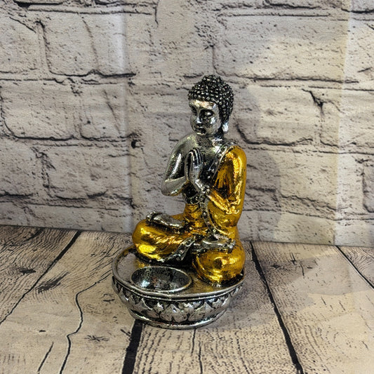 Gold & Silver 20cm x 10cm Thai Buddha Tea Light Holder Statue Resin Hindu0