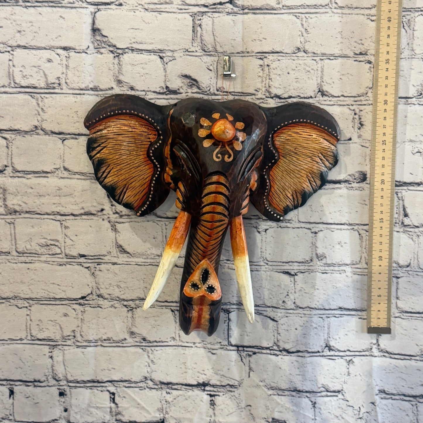 30cm x 30cm Brown Light Painted Wood Elephant Head Wall Mounted Art Shabby4