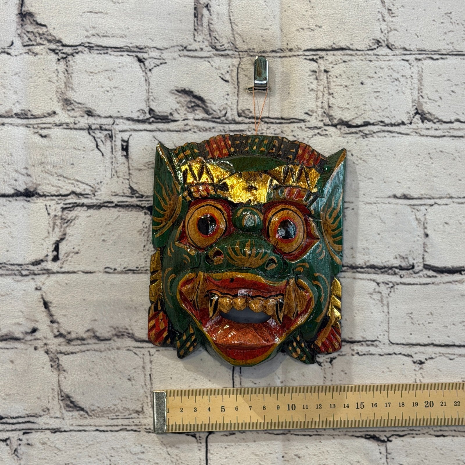 Medium Wooden Green Barong Wall Mask 15cm x 15cm Handmade And Fairtrade Hindu3