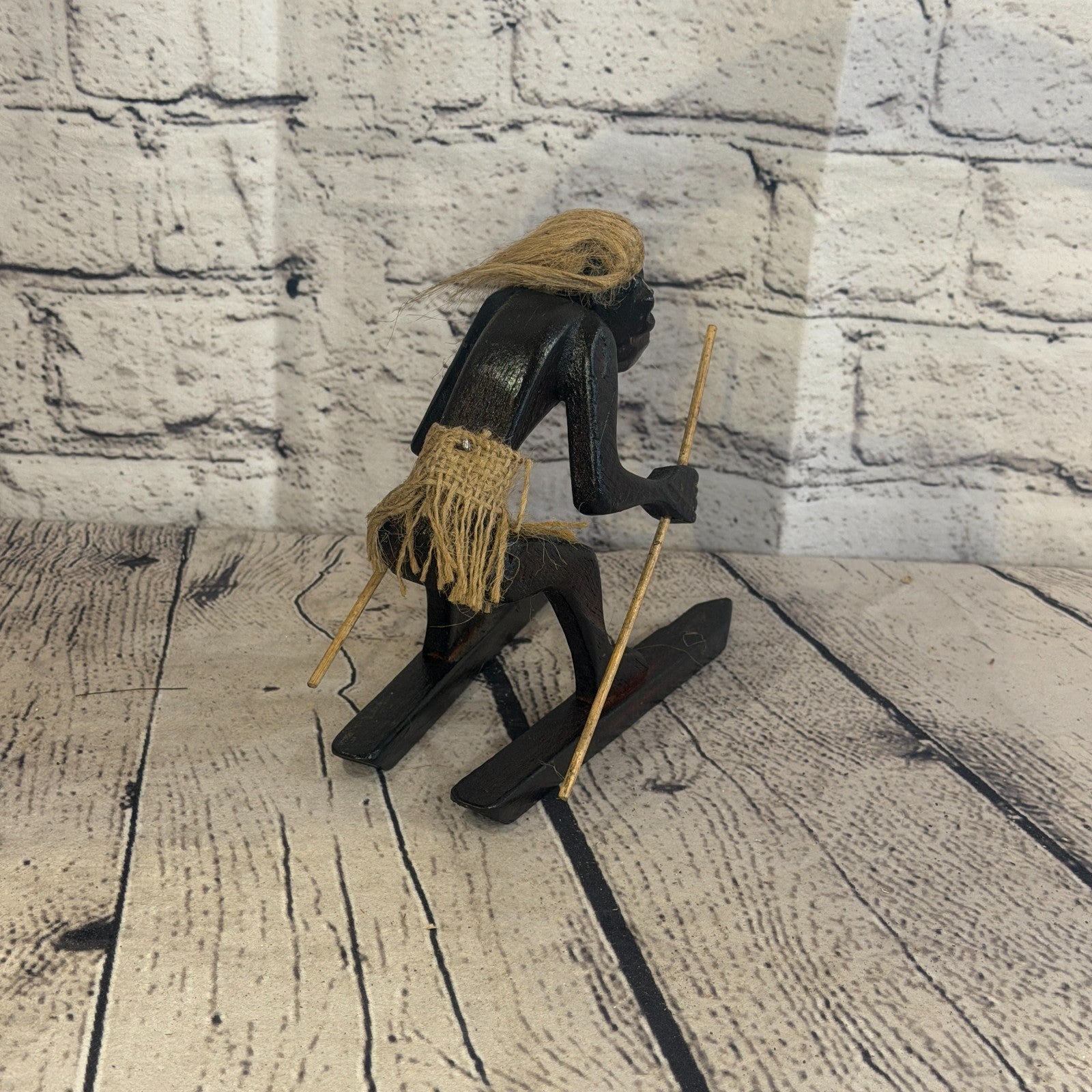 15cm Skiing Winter African Tribal Warrior Man Figure Statue Wood Hand Carved4