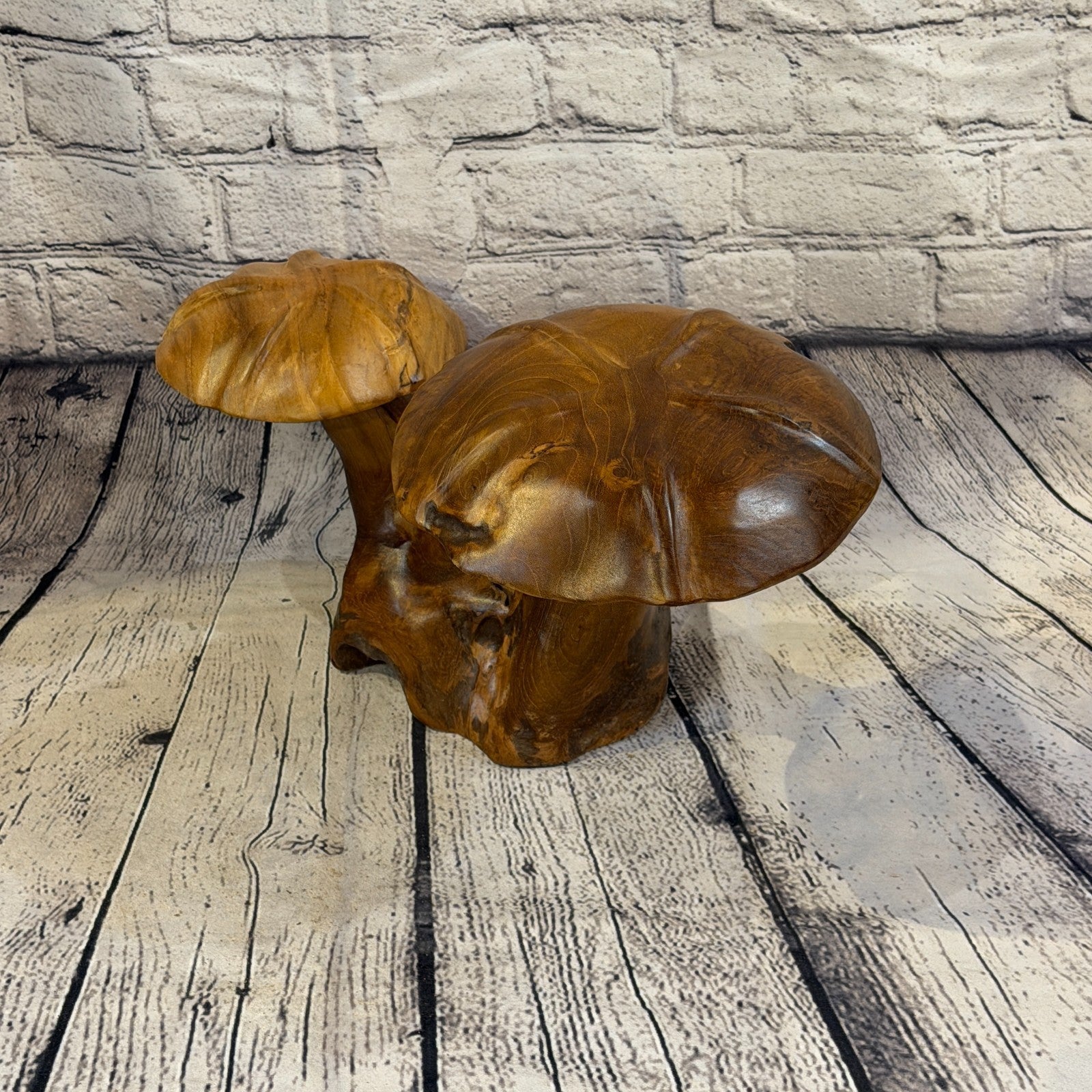 30cm x 35cm Double Wooden Mushroom Toadstool Sculpture Garden Teak Root Ornament2