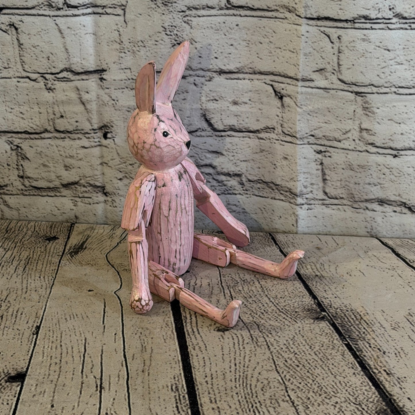 20cm Pink Bunny Rabbit Sitting Animal, Wooden Shelf Ornament Handmade Fairtrade2