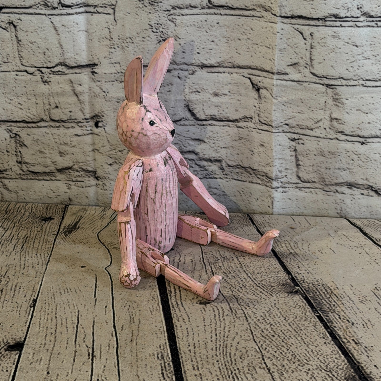 20cm Pink Bunny Rabbit Sitting Animal, Wooden Shelf Ornament Handmade Fairtrade2