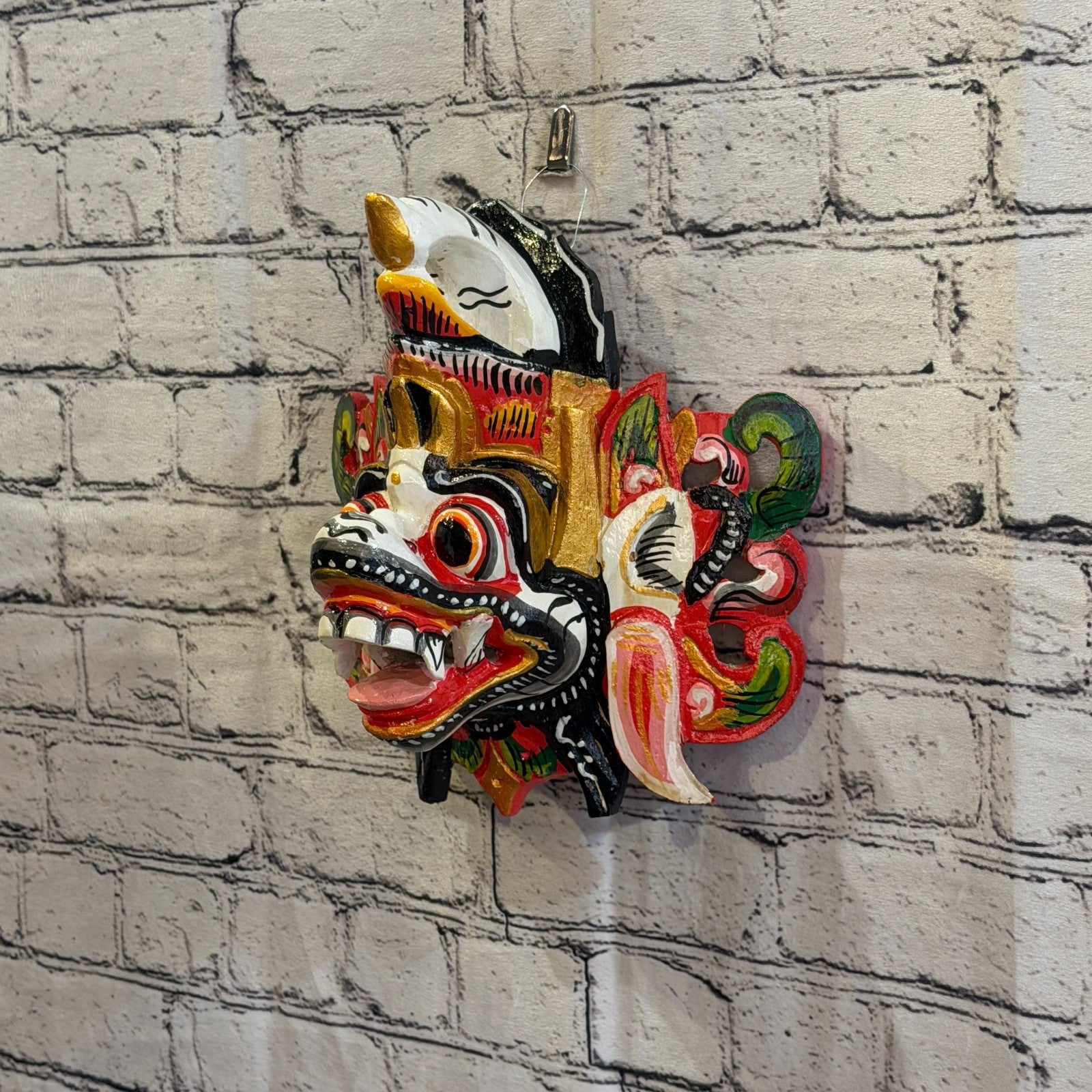 25cm Barong Crown White Demon Dragon Hindu Deity Wooden Hand Carved Mask Painted1