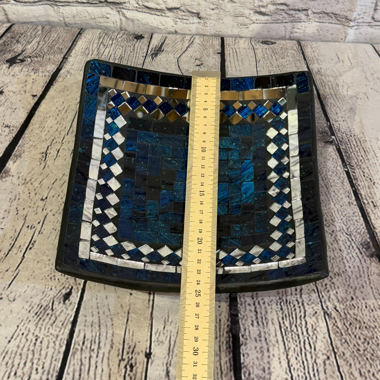 25cm Indigo Blue Square Mirror Mosaic Handmade Ceramic Glass Tile Bowl Fruit2