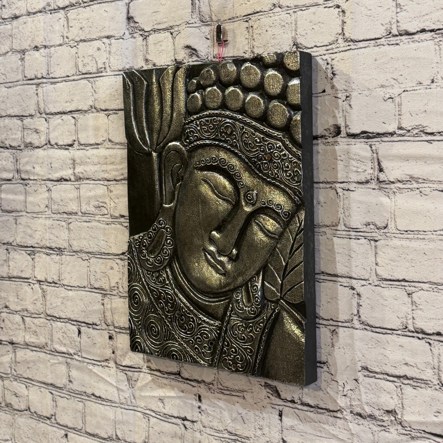 Wooden Wood Panel 40cm Silver Black Buddha Lotus Wall Art Plaque Handcarved1