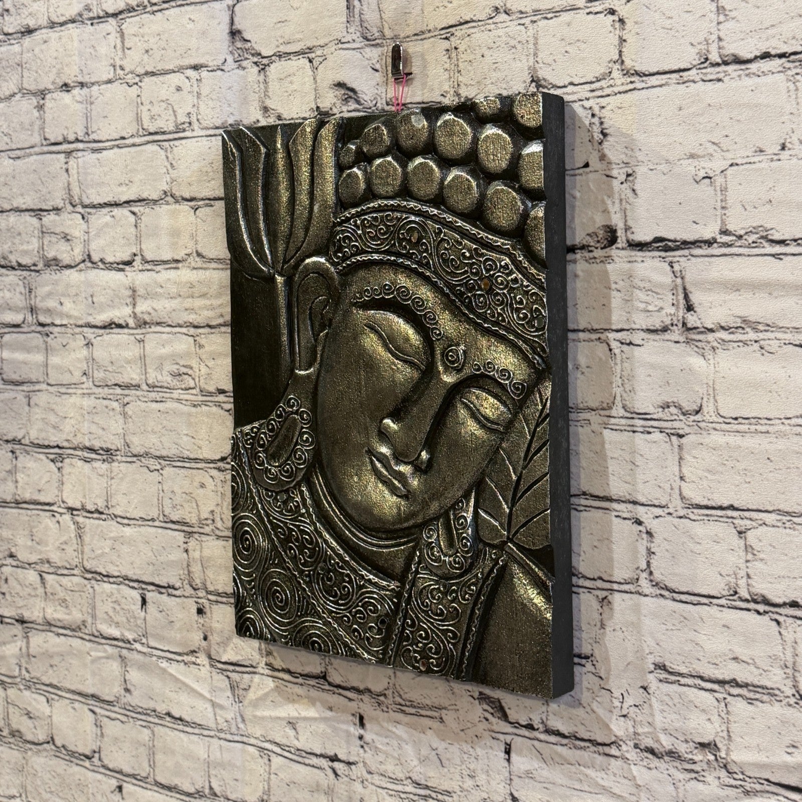 Wooden Wood Panel 40cm Silver Black Buddha Lotus Wall Art Plaque Handcarved1