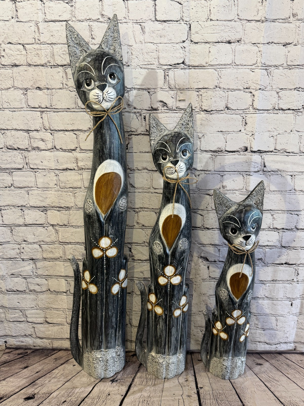 100cm Grey Silver Dots Wooden Shabby Cat Statue Ornament Fair Trade Handcarved8
