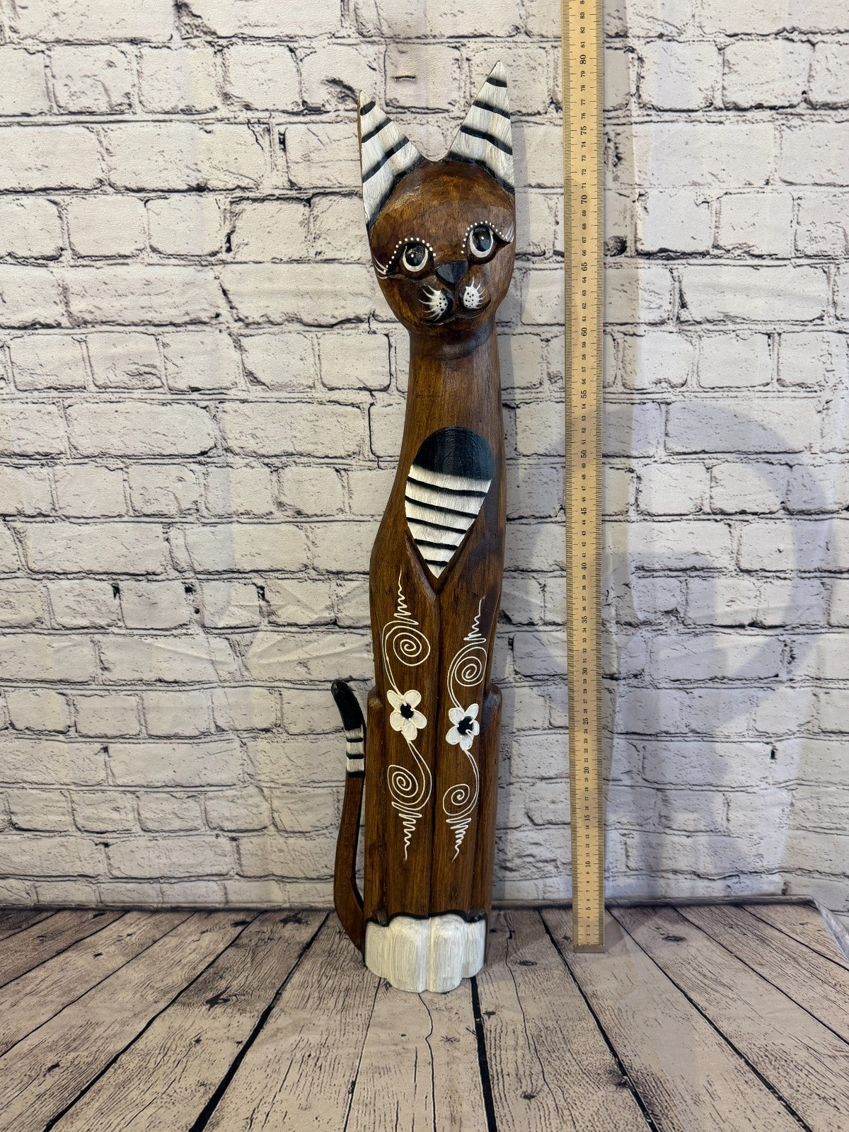 80cm Brown Flower Wooden Shabby Cat Statue Ornament Fair Trade Handcarved5