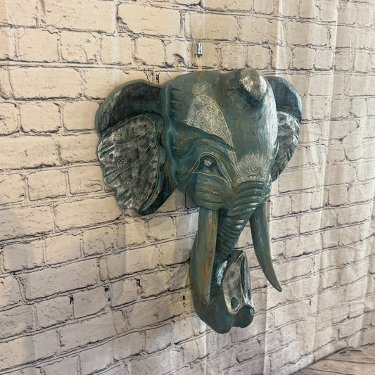 50cm x 45cm Silver Blue Painted Wood Elephant Head Wall Mounted Art Shabby0