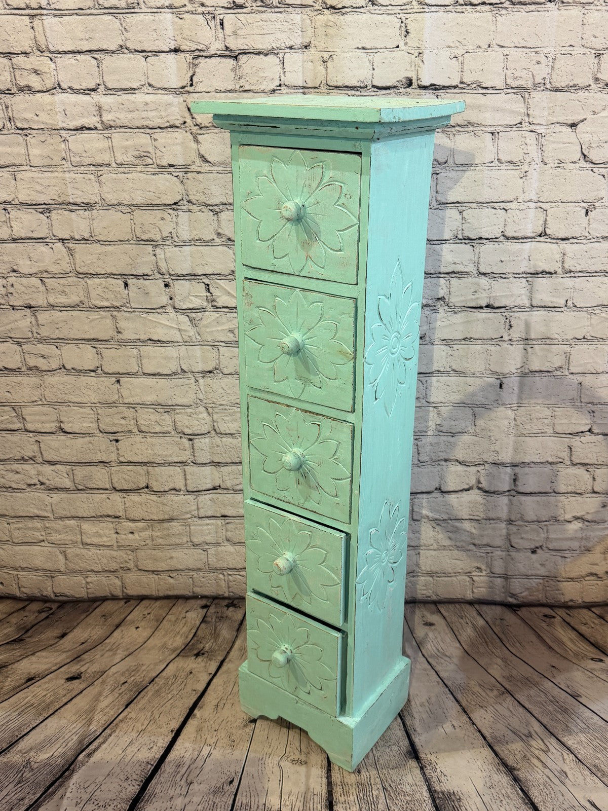 100cm x 25cm Blue 5 Draw Pillar Wooden Side Cabinet Living Storage Furniture0