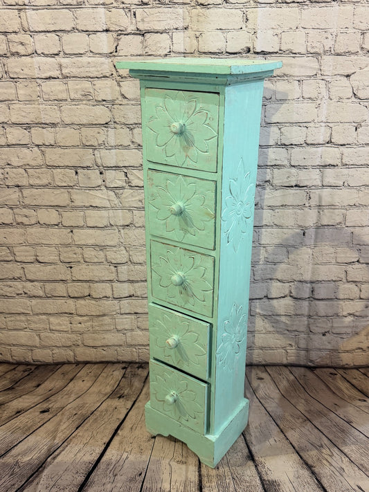 100cm x 25cm Blue 5 Draw Pillar Wooden Side Cabinet Living Storage Furniture0