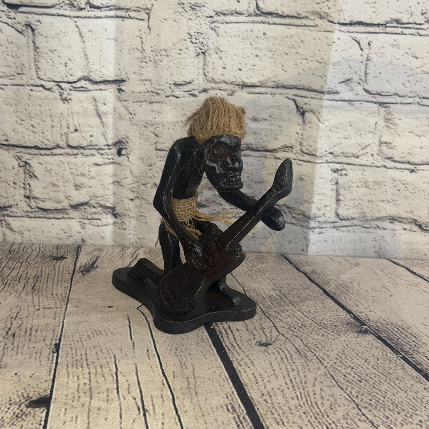 15cm Kneeling Guitar African Tribal Warrior Man Figure Statue Wood Hand Carved0