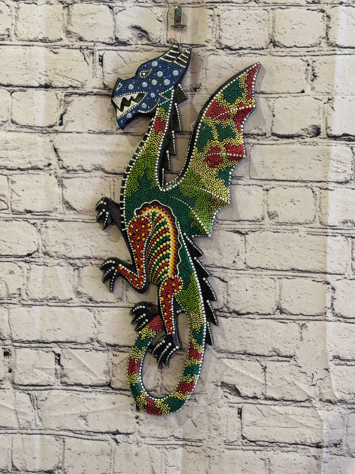 45cm Dragon Carved Wooden Dot Painted Ethnic Tribal Tiki Wall Art No 52