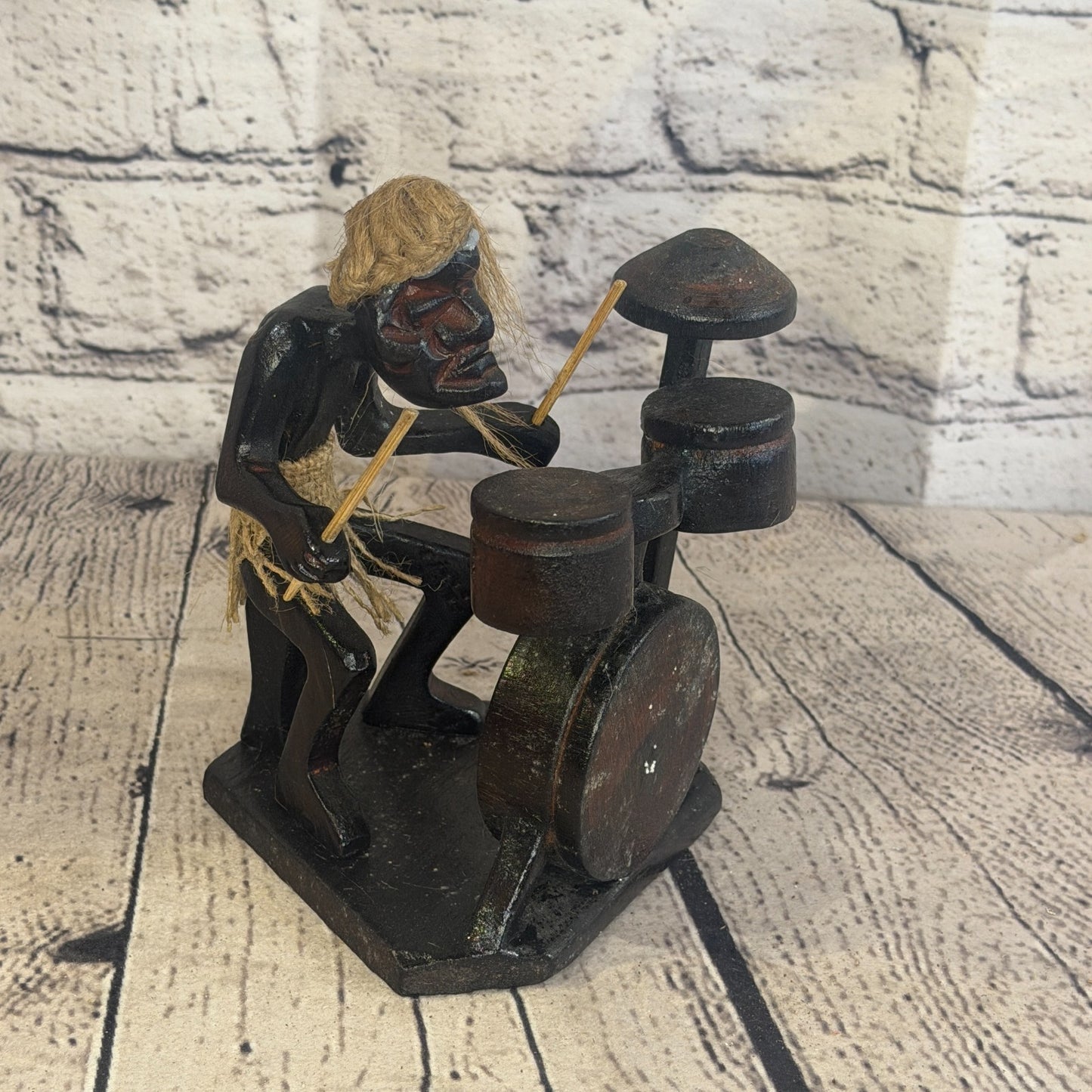 15cm Drum Kit Playing African Tribal Warrior Man Figure Statue Wood Hand Carved2