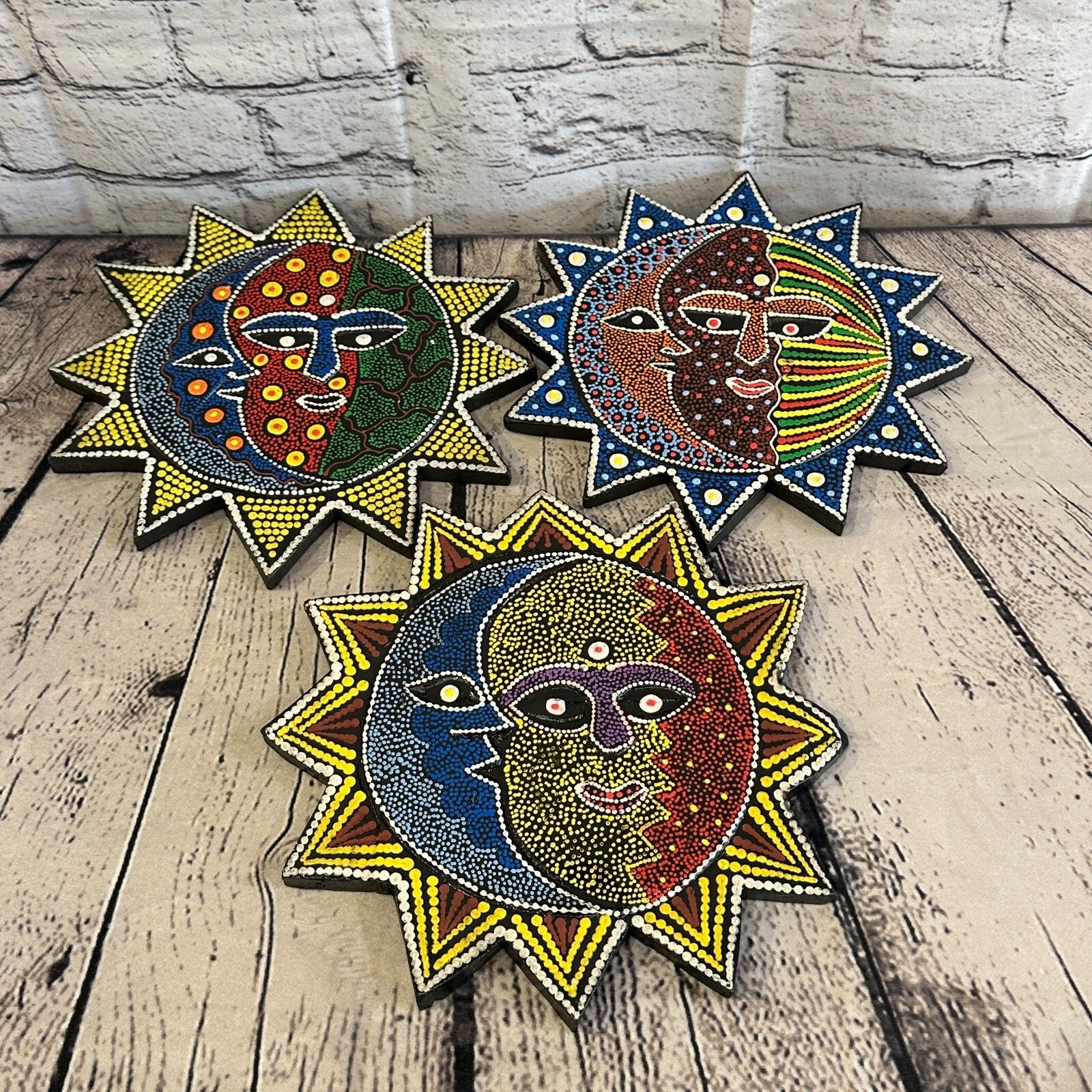 25cm Sun & Moon Carved Wooden Dot Painted Ethnic Tribal Tiki Wall Handmade No 27