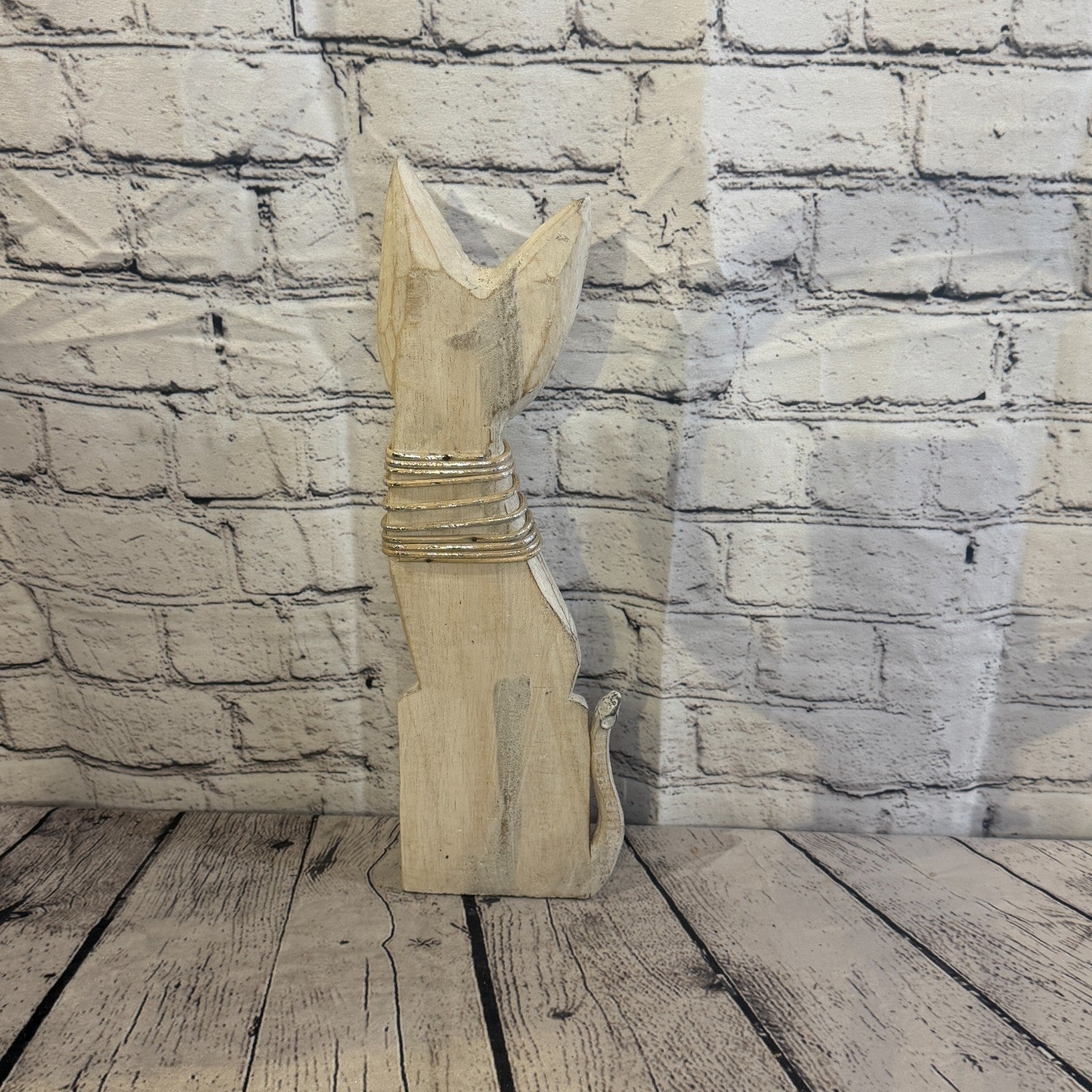 40cm White Silver Dots Wooden Shabby Cat Statue Ornament Fair Trade Handcarved4