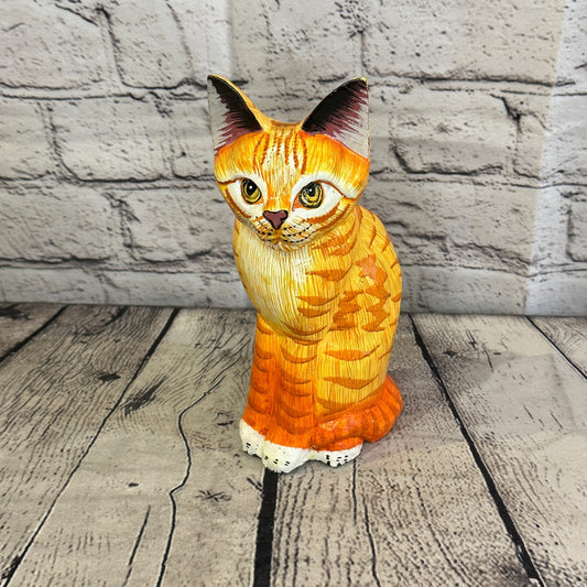 20cm x 10cm Tabby Orange Sitting Style Painted Wooden Hand Carved Cat Wooden0