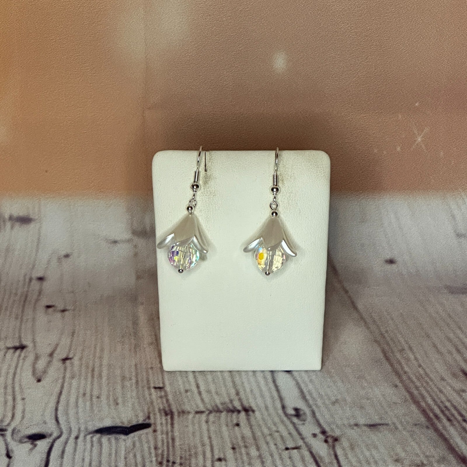 Clear Round Crystal Lily Flower Dangle Drop Earrings Handmade UK Jewellery0