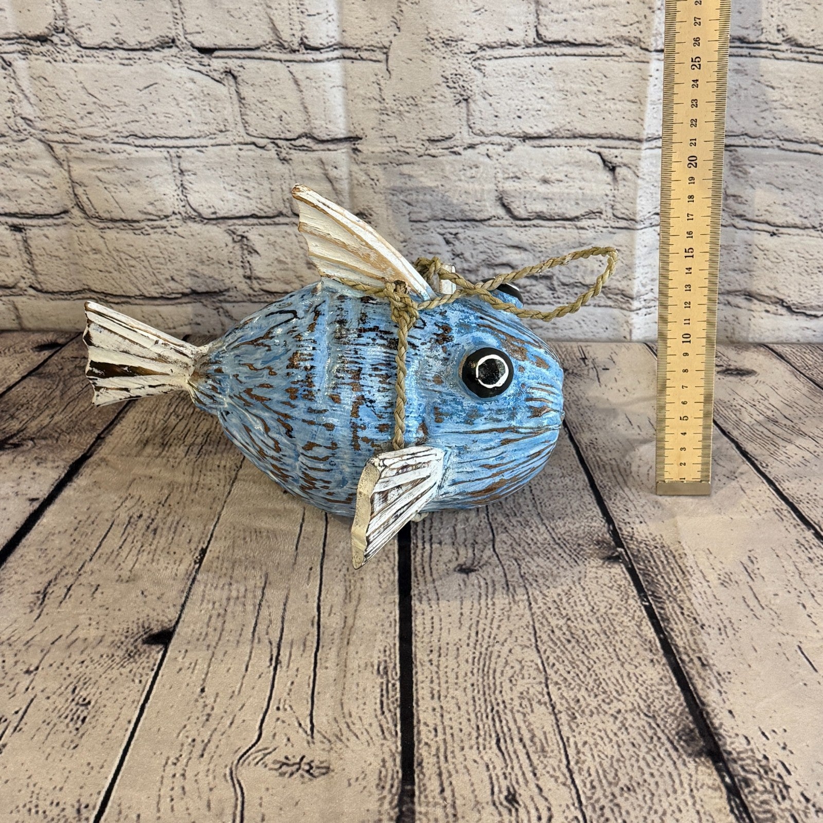 Blue White Fins Folk Art Painted Puffer Fish Coconut Shell Ornaments Hanging5