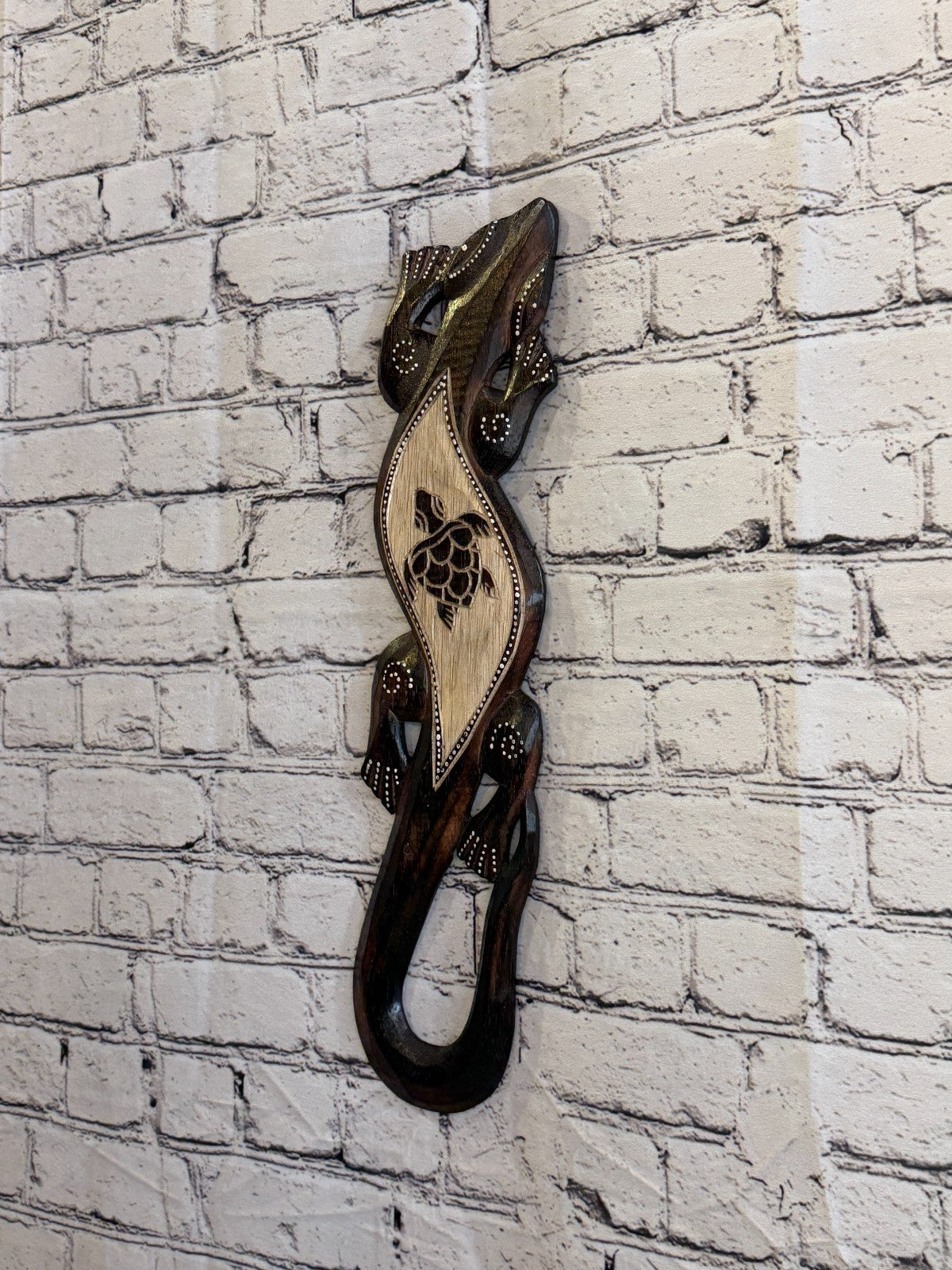 50cm Turtle Gecko Carved Wooden Brown Work Painted Ethnic Tribal Tiki Wall Art1