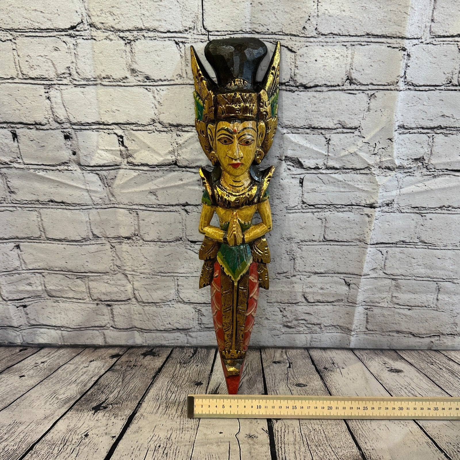 Old Antique Colour Sita Dewi Bali Rice Goddess Wings Mermaid Wood 50cm Pair7