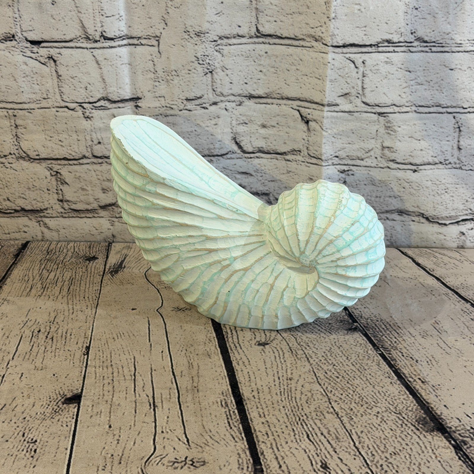 25cm Green Shabby Pastel Nautilus Shell Ornament Decor Carved Light Wood Figure3