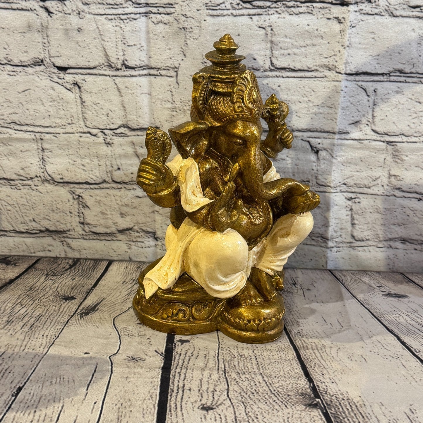 Cream & Bronze 25cm Large Ganesh Ganesa Sitting On Lotus Statue Resin Hindu2