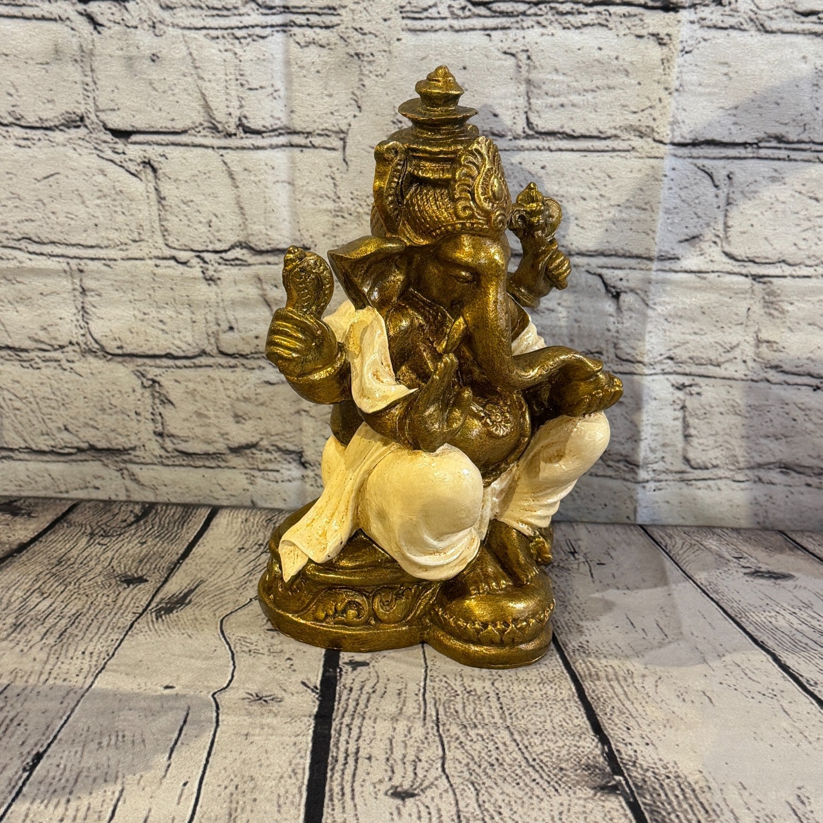Cream & Bronze 25cm Large Ganesh Ganesa Sitting On Lotus Statue Resin Hindu2