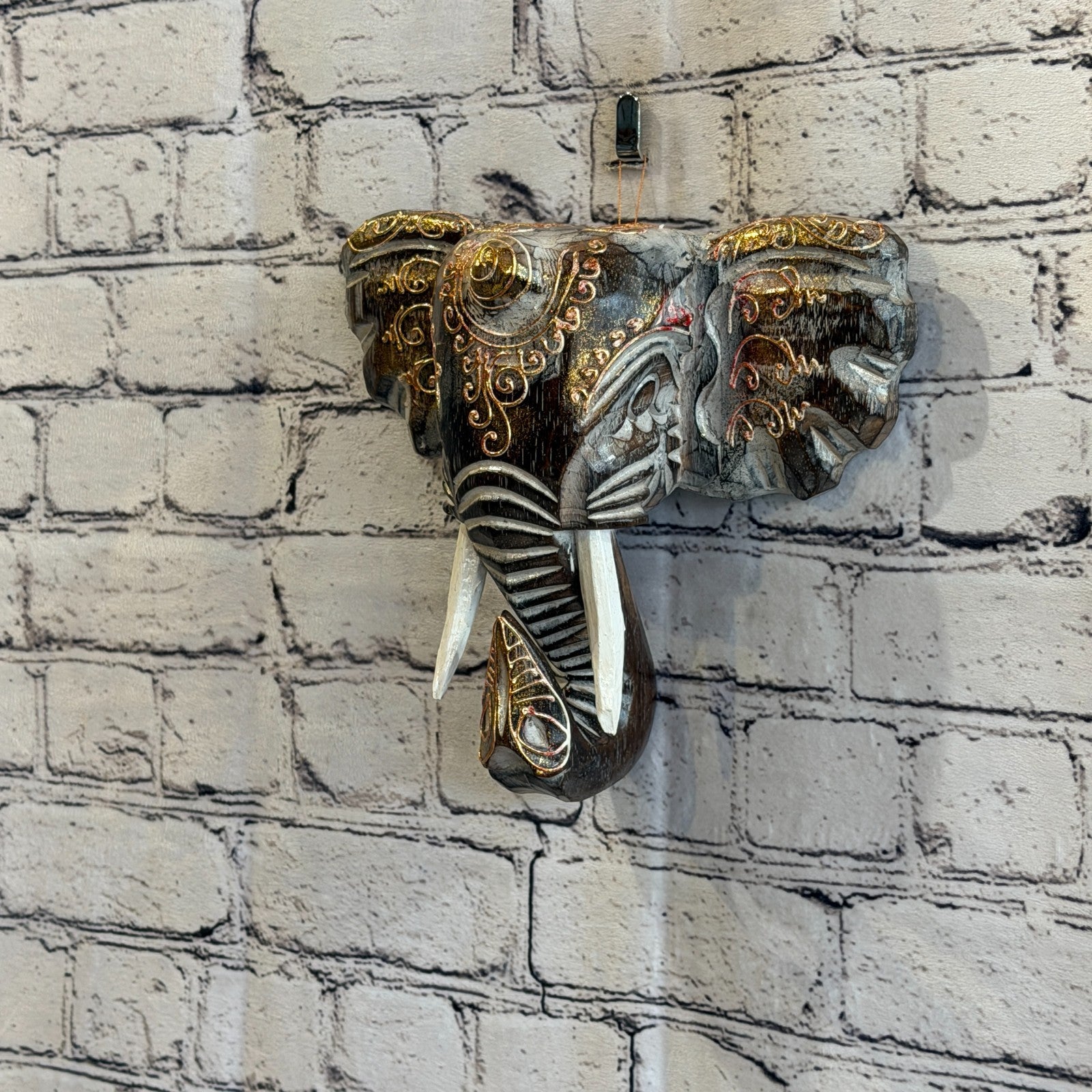 20cm x 20cm Brown Gold Painted Wood Elephant Head Wall Mounted Art Shabby1