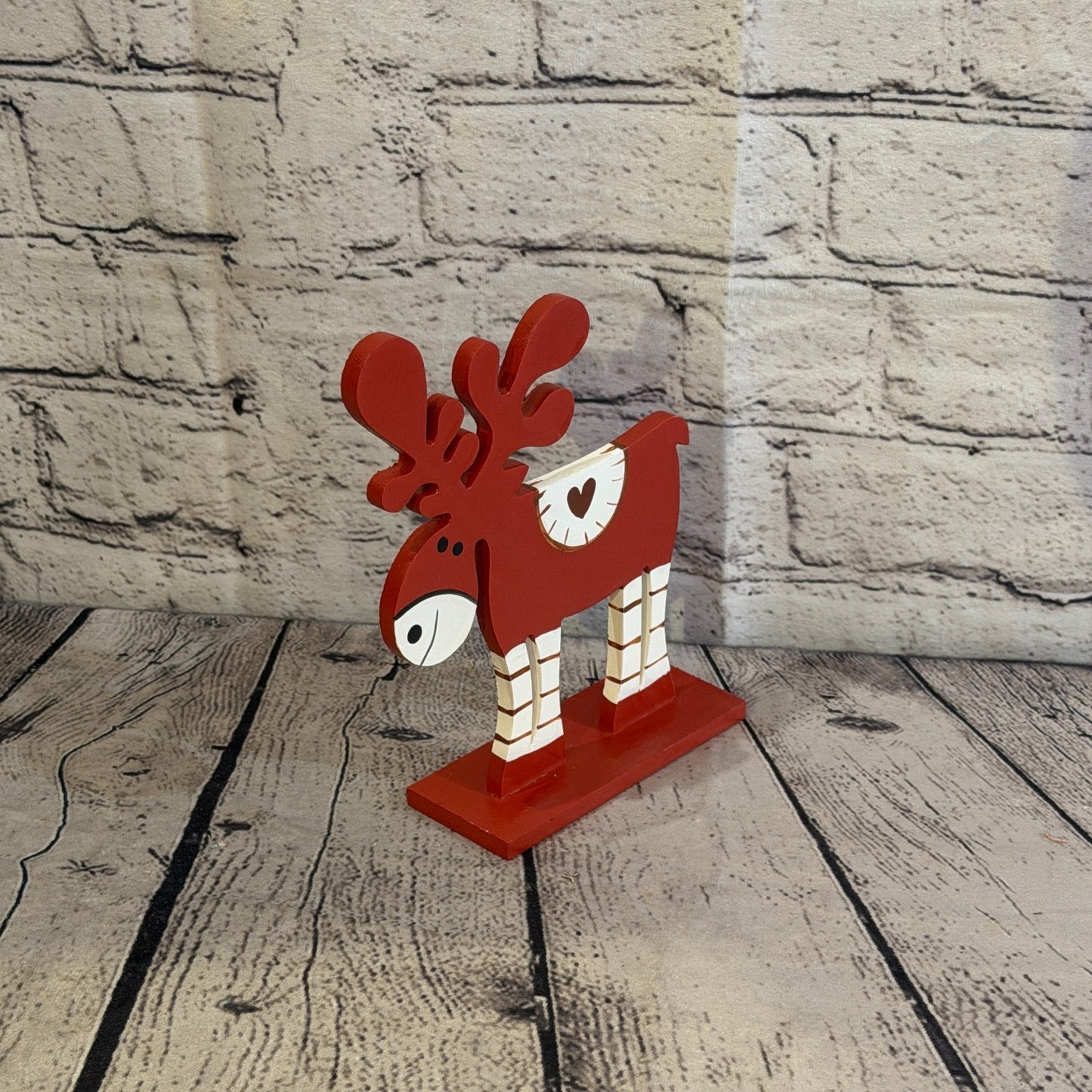 22cm x 14cm Red Heart Handcrafted Wood Reindeer Xmas Christmas Ornament Antlers2