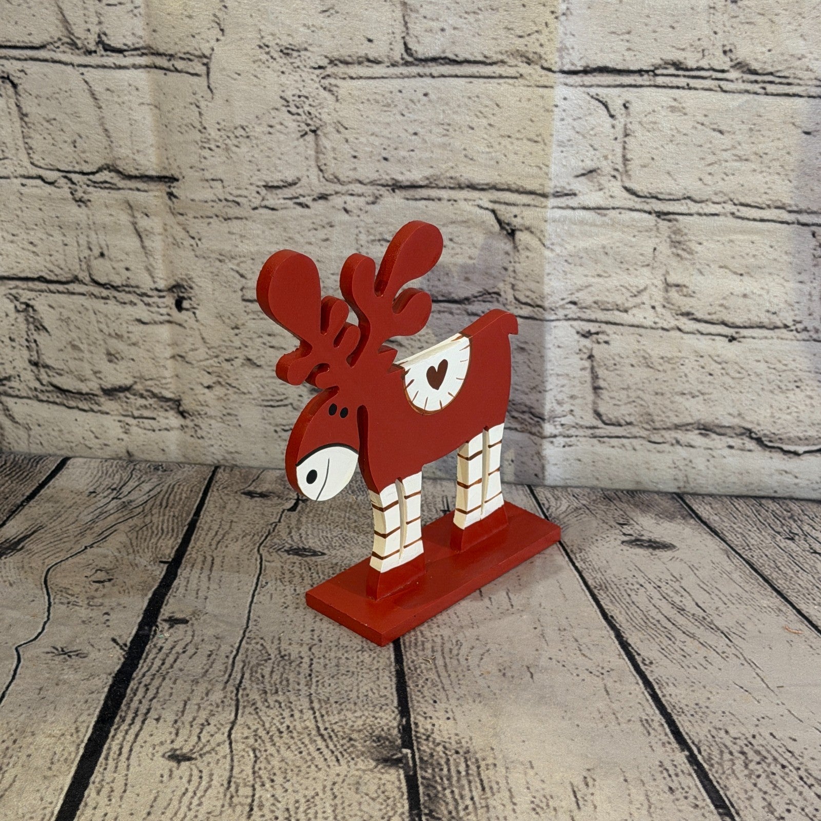 22cm x 14cm Red Heart Handcrafted Wood Reindeer Xmas Christmas Ornament Antlers2