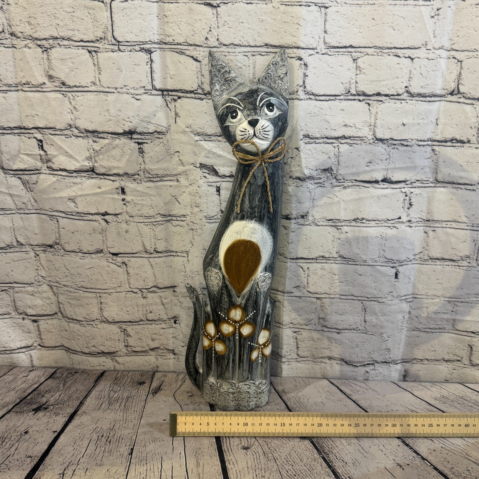 50cm Grey Silver Dots Wooden Shabby Cat Statue Ornament Fair Trade Handcarved6
