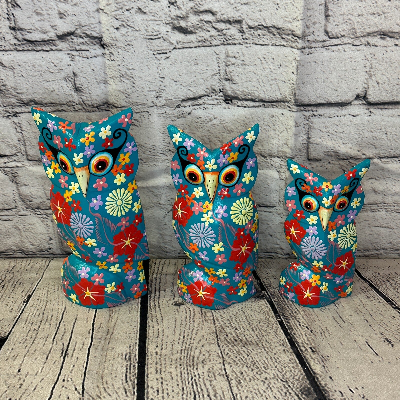 Blue Medium Wooden Owl With Flower Pattern 15cm x 8cm Handmade and Fairtrade8
