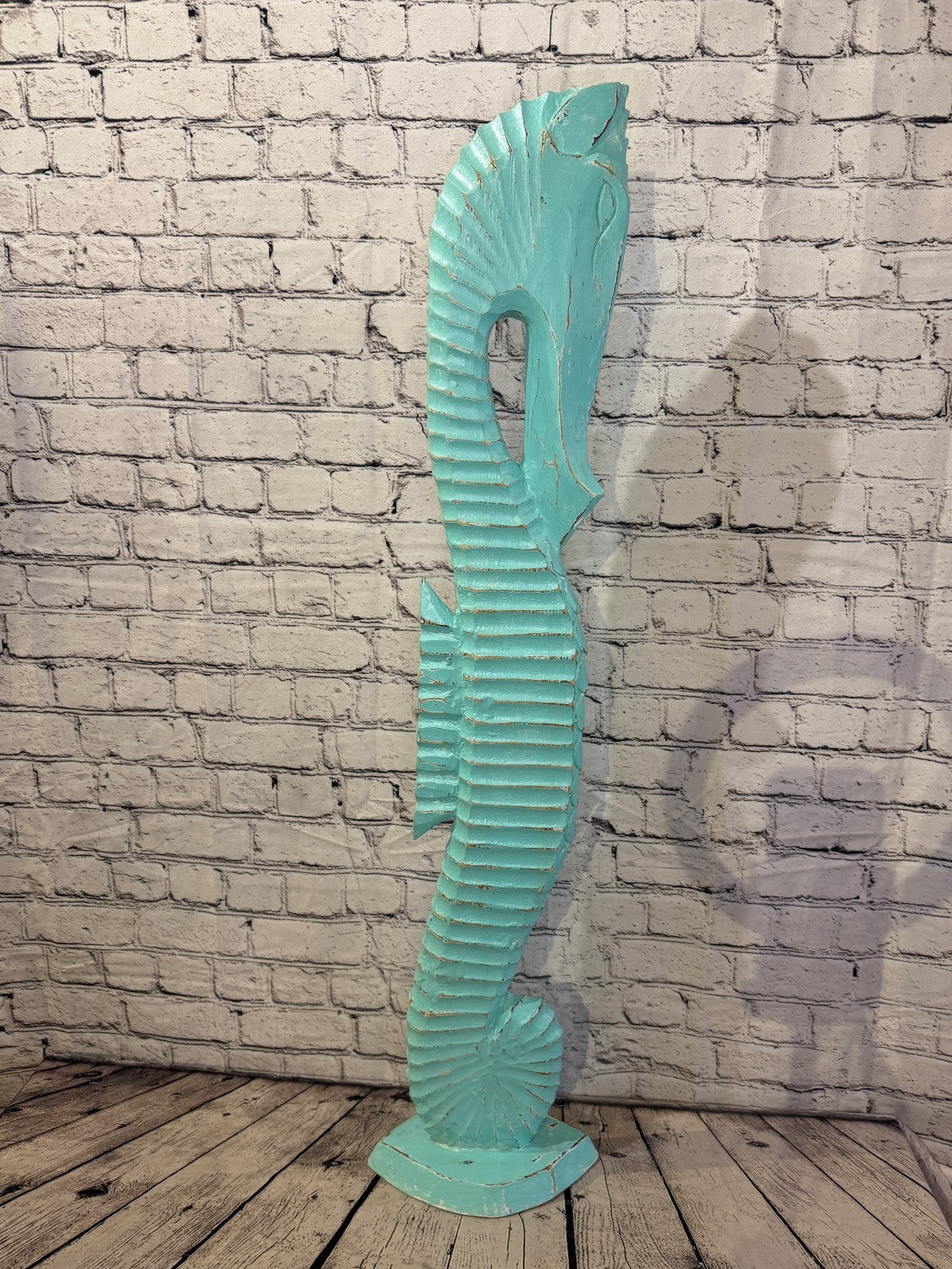 100cm Green Teal Wooden Shabby Seahorse Statue Ornament Fair Trade Handcarved3