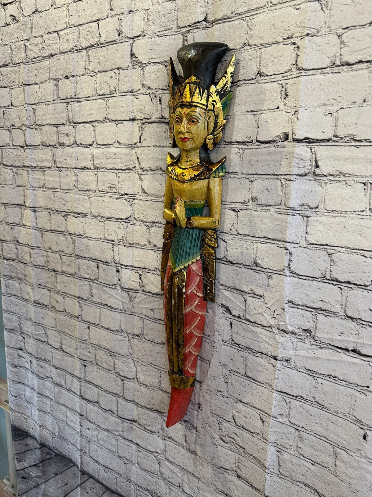 Old Antique Colour Sita Dewi Bali Rice Goddess Wings Mermaid Wood 80cm Pair4