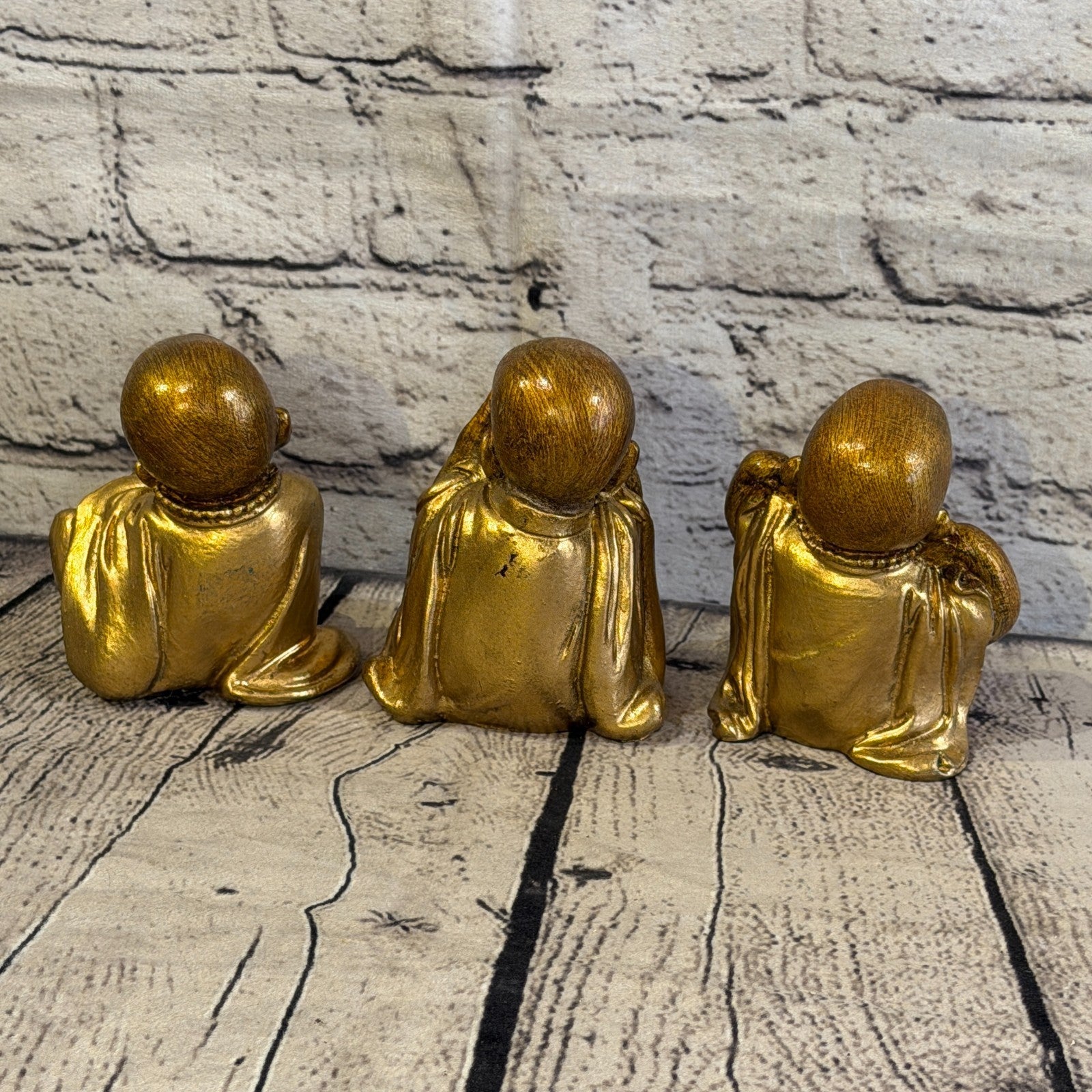 Bronze 10cm Set Of 3 Wise Buddha Monks Sitting On Seat Statue Resin Hindu3