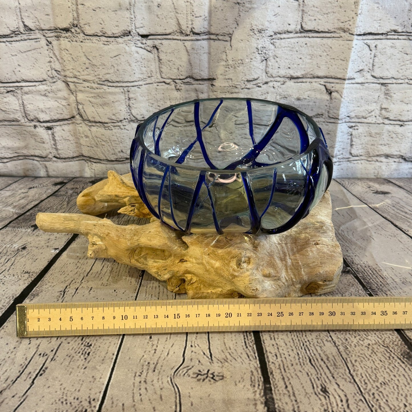 30cm Long Blue Streak Melted Glass Wood Decorative Bowl Glass Sculpture Crafted5