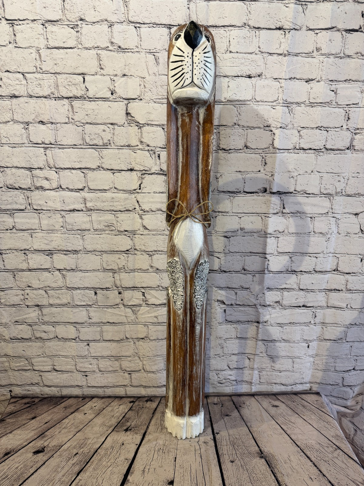 100cm Light Brown Wooden Shabby Dog Statue Ornament Fair Trade Handcarved1