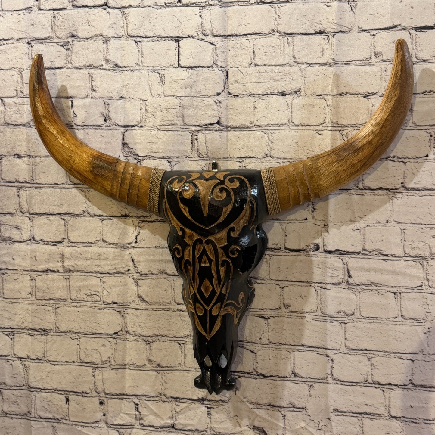60cm x 60cm Brown Light Painted Wood Cow Skull Head Wall Mounted Art Shabby2
