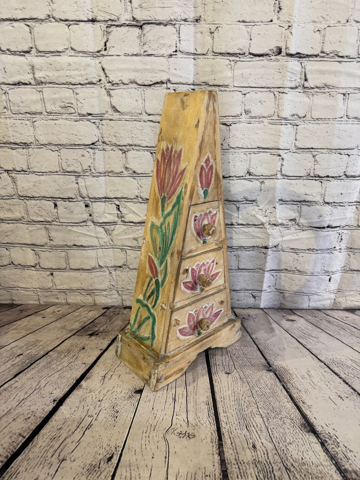 50cm x 22cm Flower 3 Draw Pyramid Wooden Side Cabinet Living Storage Furniture2