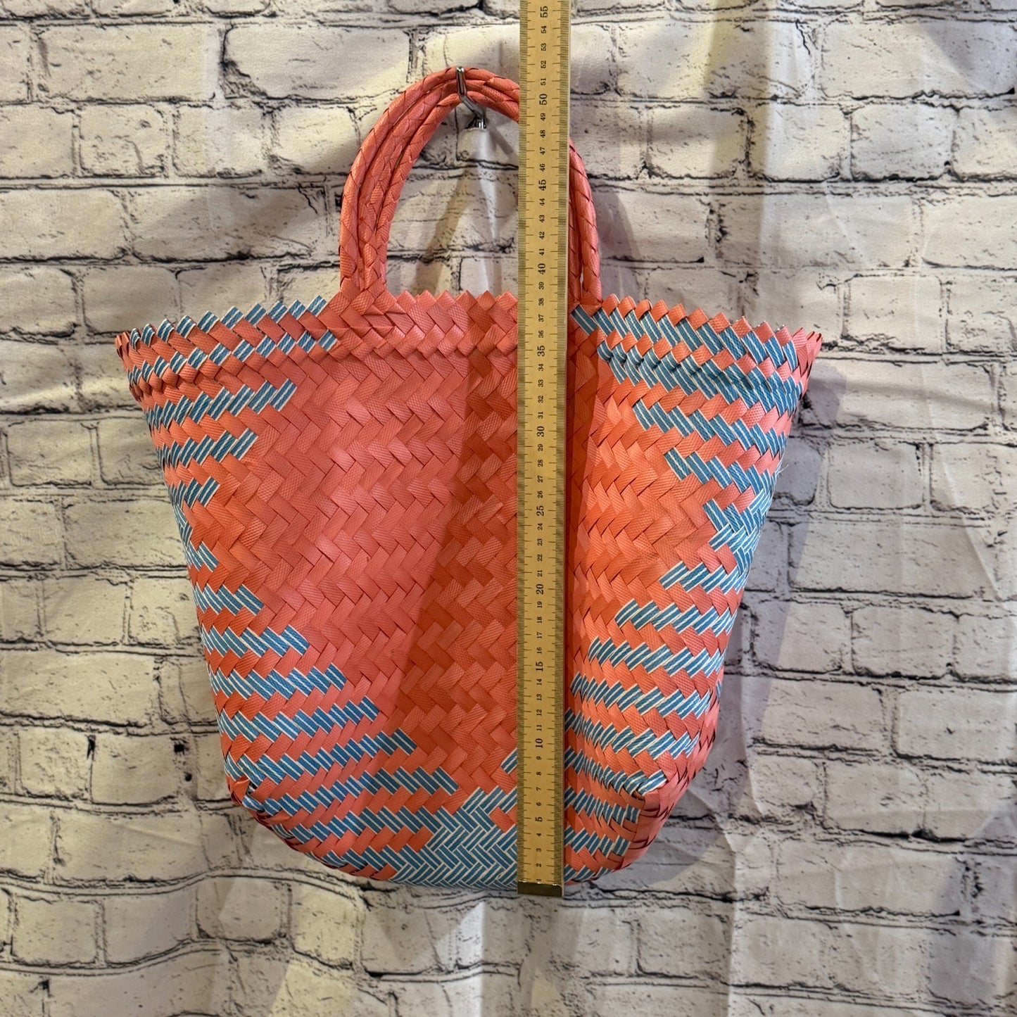 Blue Red 40cm Handwoven Tote Bag Recycled Plastic Eco-Friendly Market Beach4