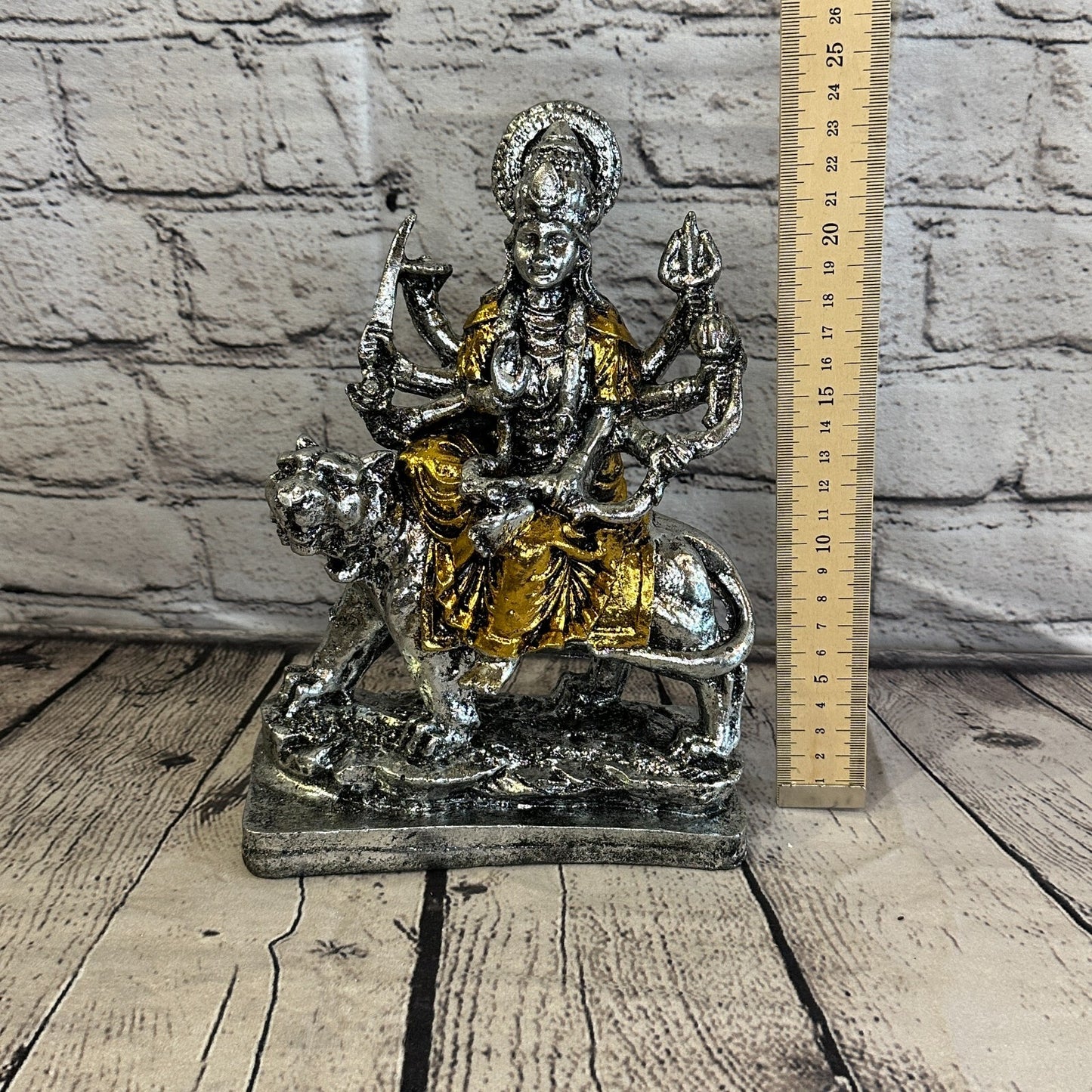 Silver And Gold 25cm x 15cm Large Durga Sitting Lotus Statue Resin Hindu God6