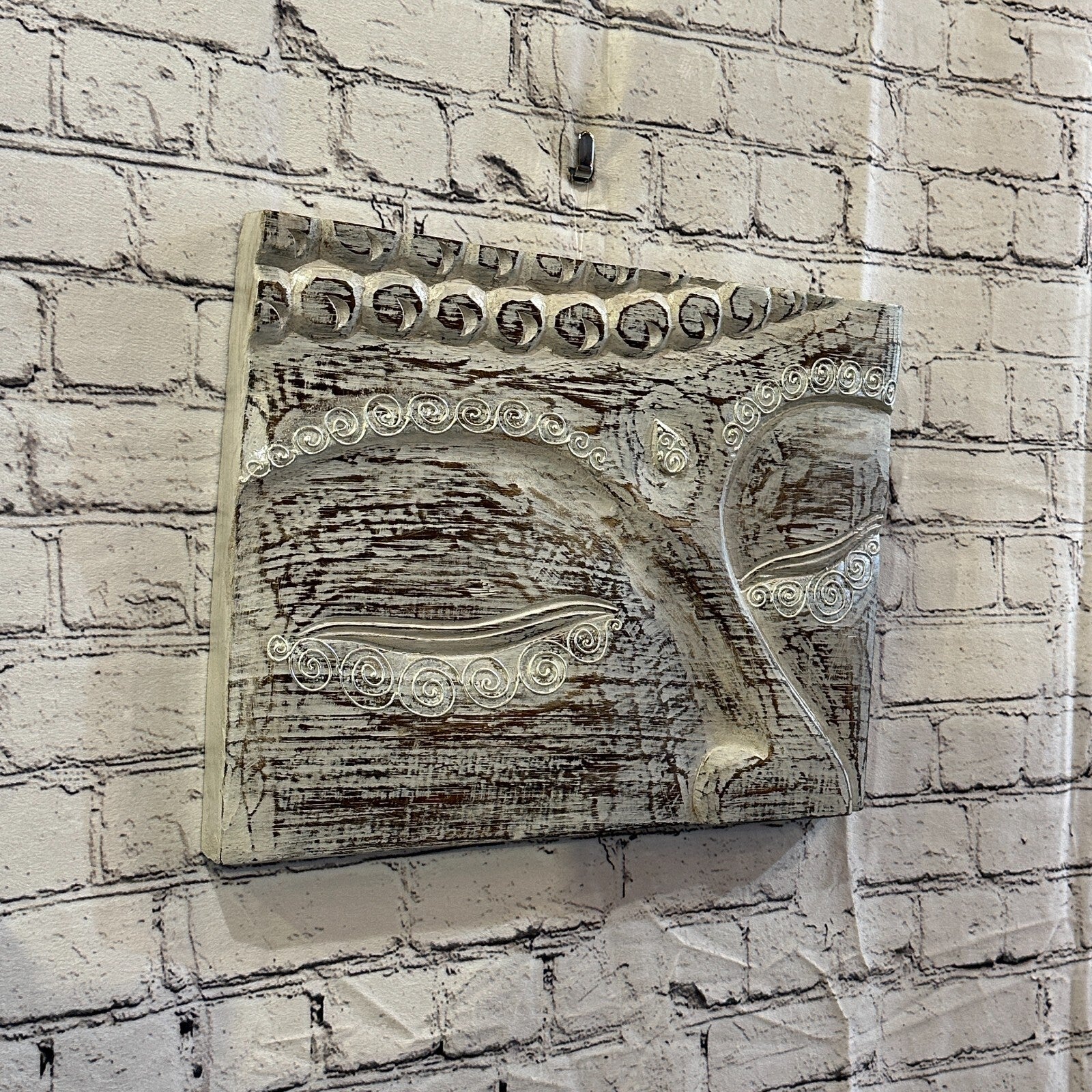 Wooden Wood Panel 40cm Brown White Buddha Eyes Lotus Wall Art Plaque Handcarved0